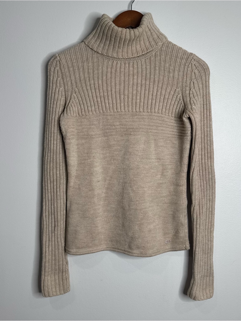 Y2K Escada Sport Tan 100% Merino Wool Chunky Turtleneck Sweater Small Minimalist